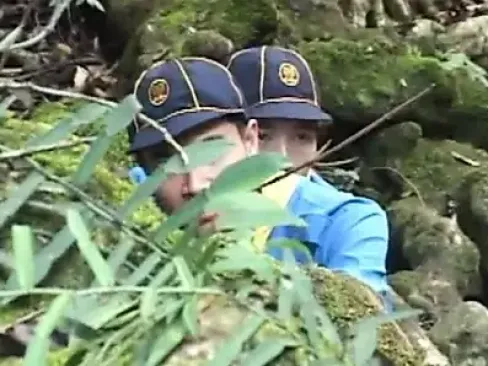 Slim Asian scout sucks and bangs bottom in outdoor duo